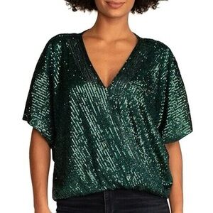 Trina Turk Emerald Concourse Sequined V-Neck Short Sleeve Top M/L